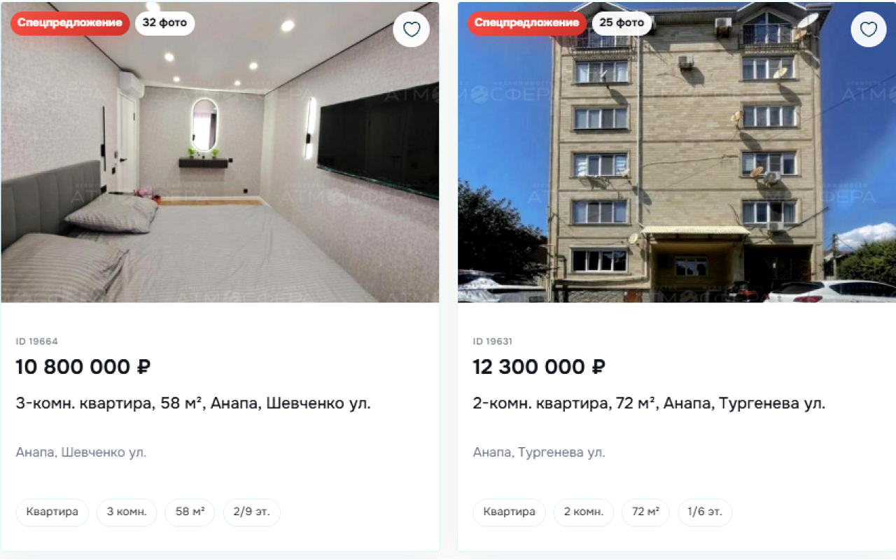 Карточки объектов на сайте агентства: фотографии, цены и характеристики.